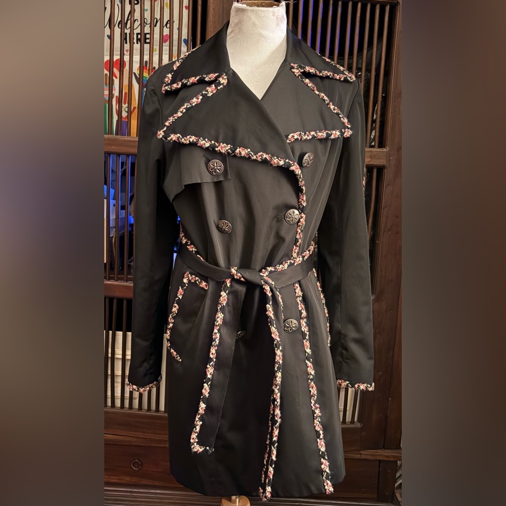 INC International Concepts-Belted trench coat with tweed trim- M